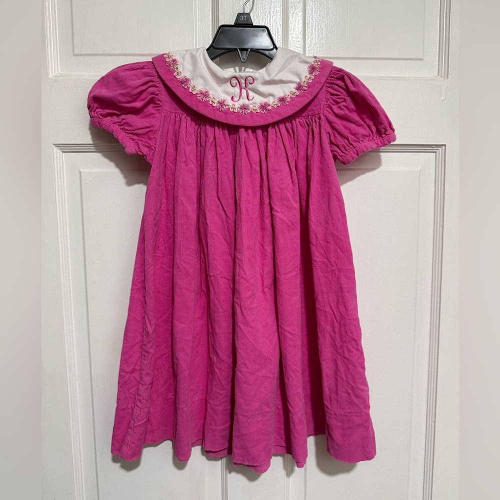 4T “K” Pink Monogrammed Girls Dress Floral Collar Spring Summer Short Sleeve
